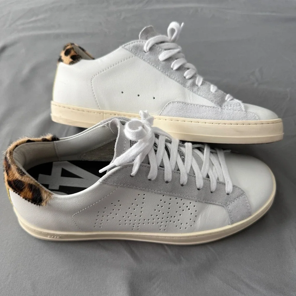 P448‎ John Sneakers Women 38 White Grey Leopard Calf Hair Yellow Low Top Italy